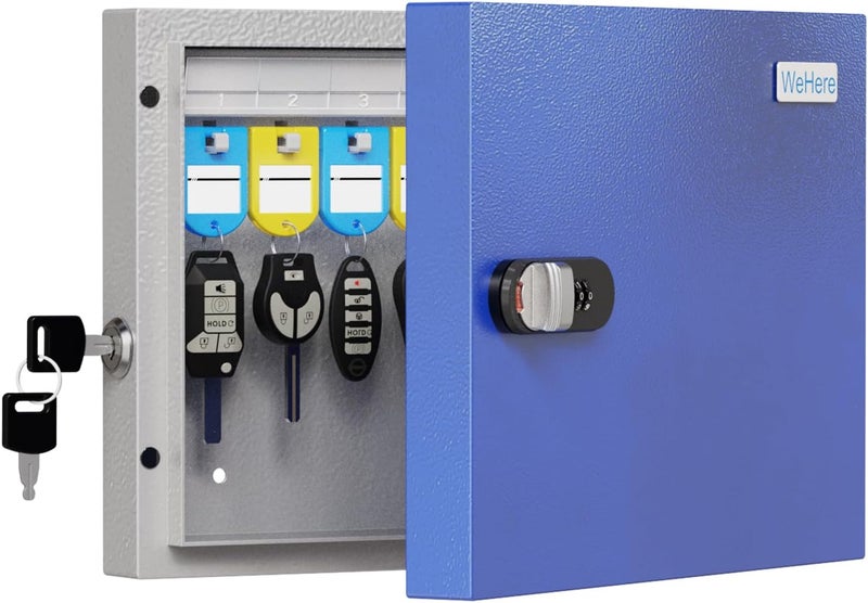 WeHere 16 Key Lock Box with Dual Lock, Combination & Key Unlock, Key Cabinet Wall Mount with Key Tag Label, Key Holder Storage Lockbox for Store, Office, Company, House, App Key Directory ERP - Image 1